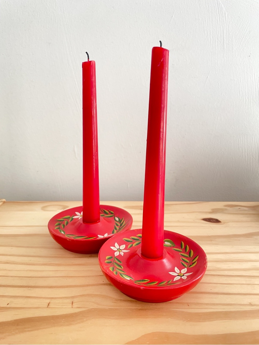 Swedish Red Floral Wooden Hand Painted Candle Holders. Scandinavian folk art.